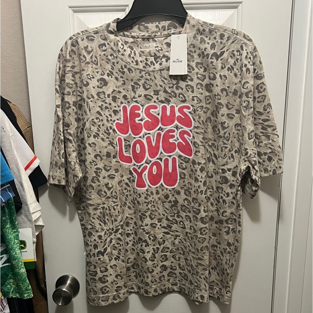 Hollister Leopard Print 'Jesus Loves You' T-Shirt